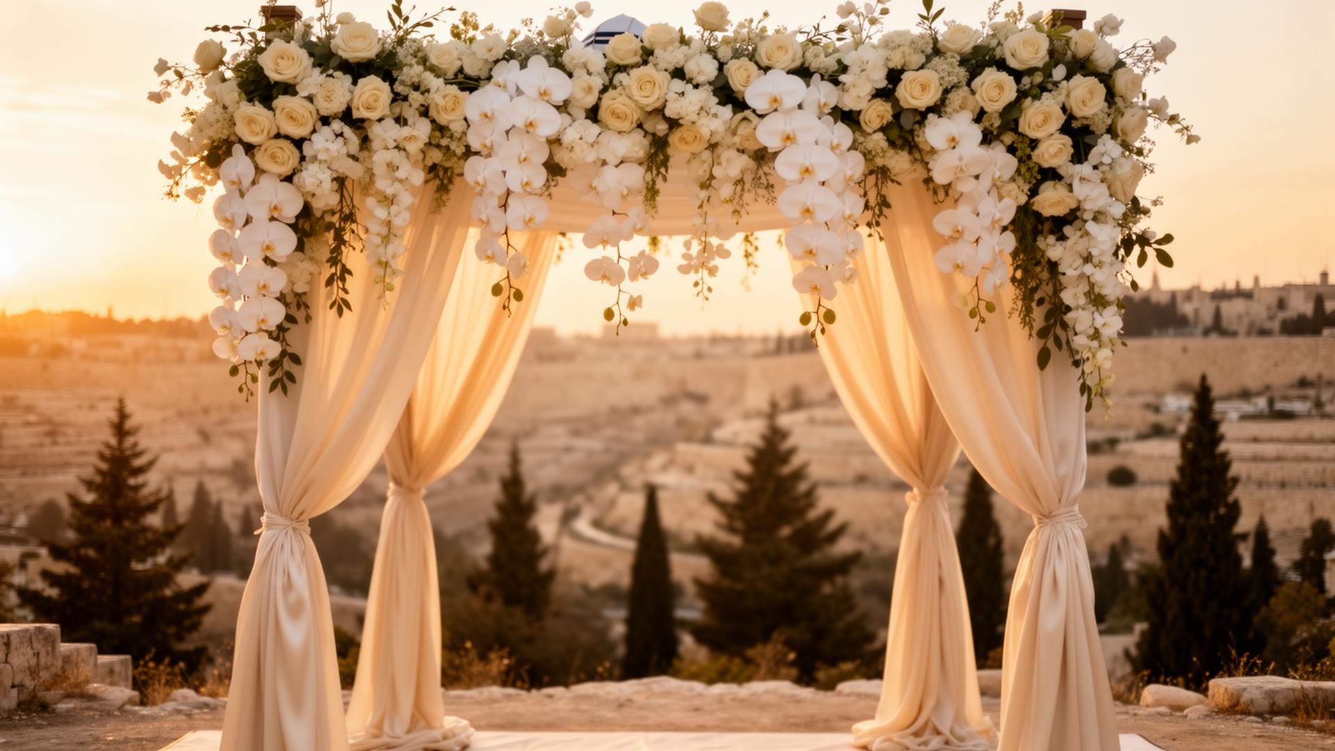 Floral chuppah at sunset over the Jerusalem hills